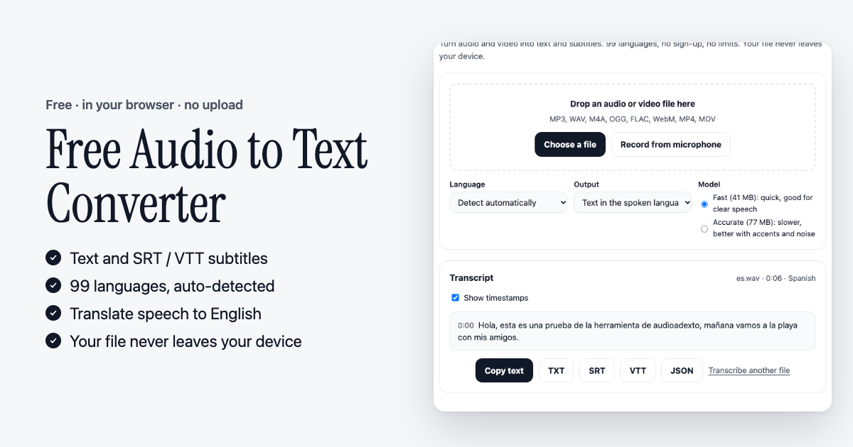 Free Audio to Text Converter - Private Transcription and Subtitles in Your Browser