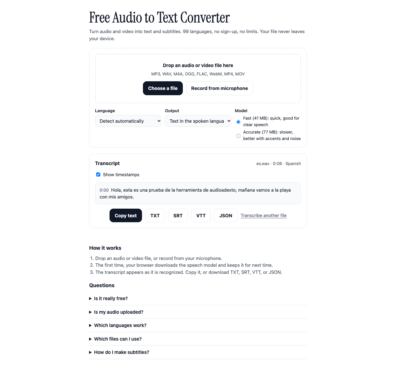 A transcript with timestamps and the export buttons