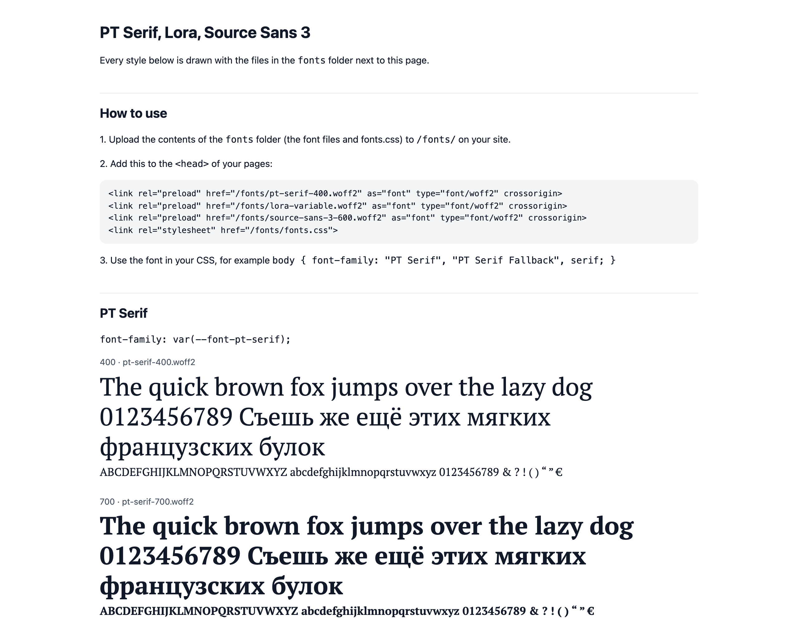 demo.html from the ZIP, opened from disk, showing every style and how to use the files
