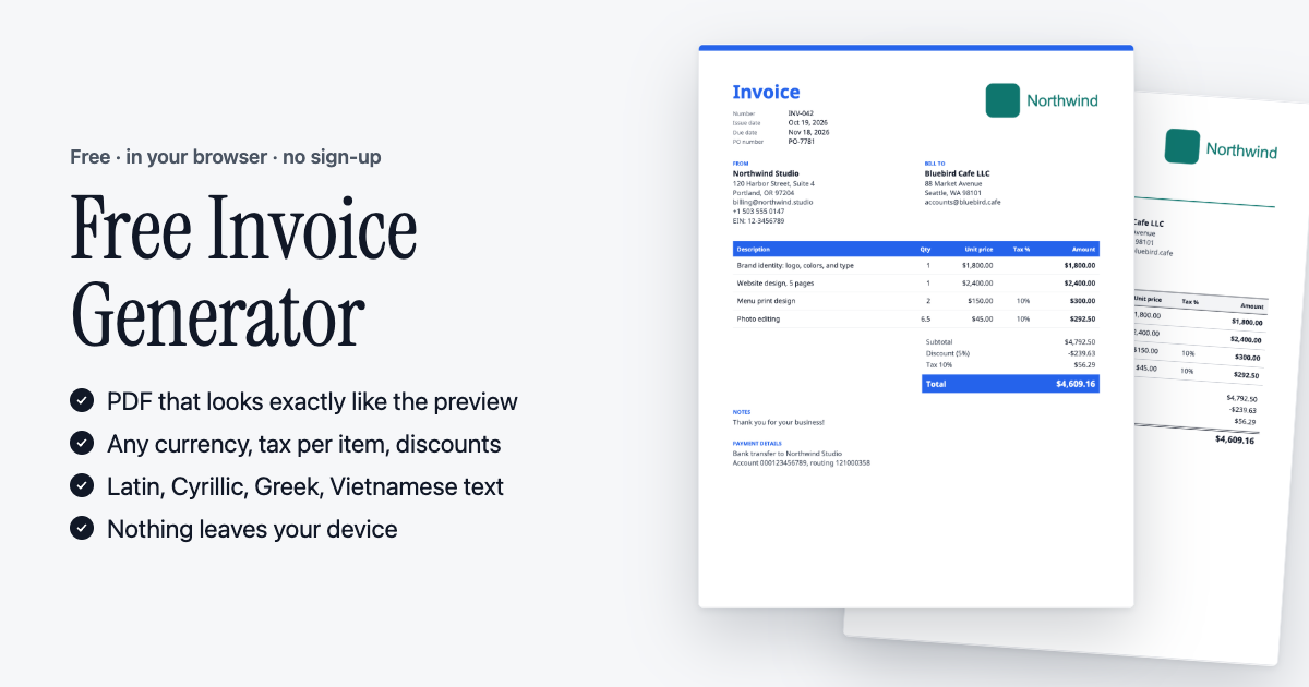 Free Invoice Generator - PDF Invoices in Your Browser, No Sign-Up