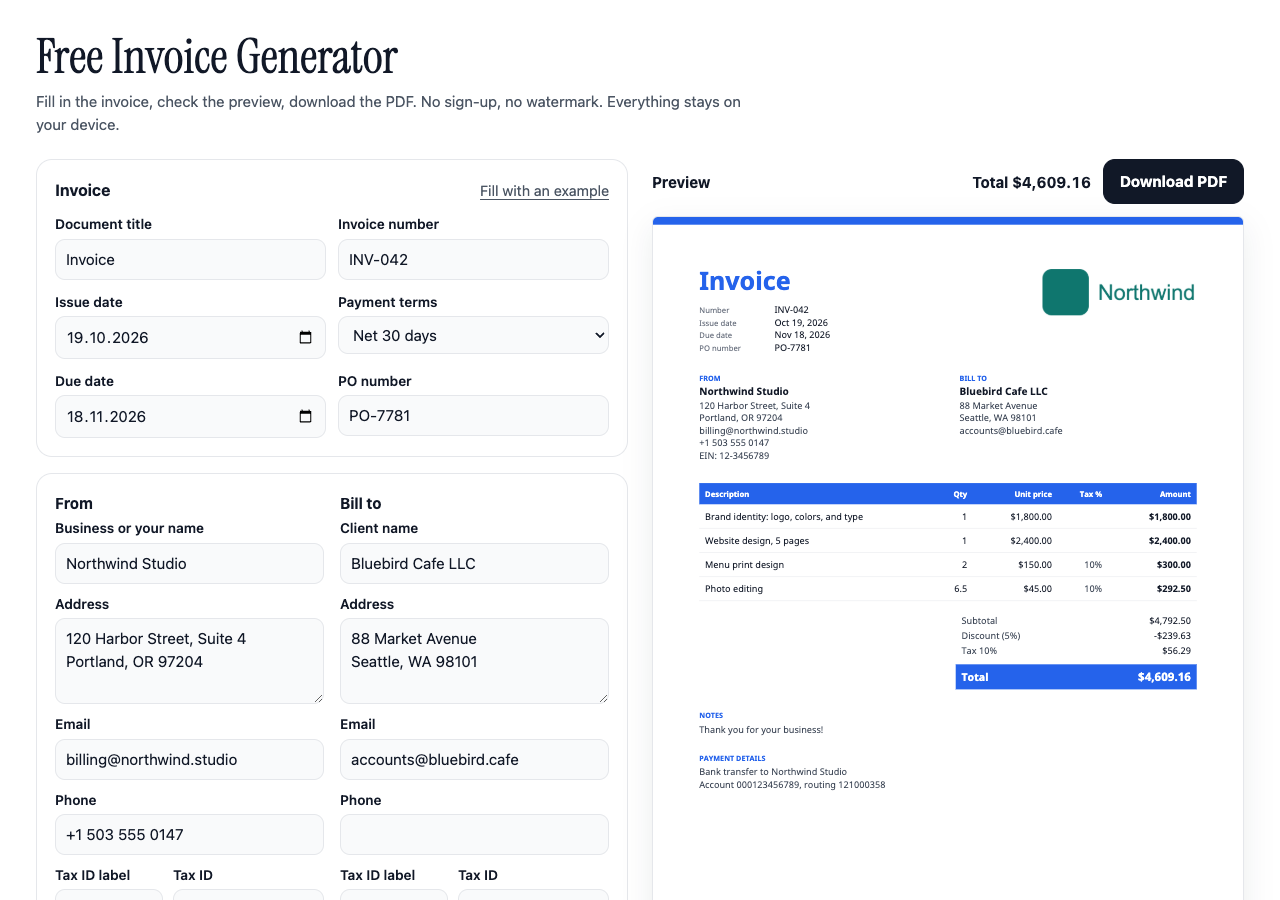 The form with an example invoice and the live preview