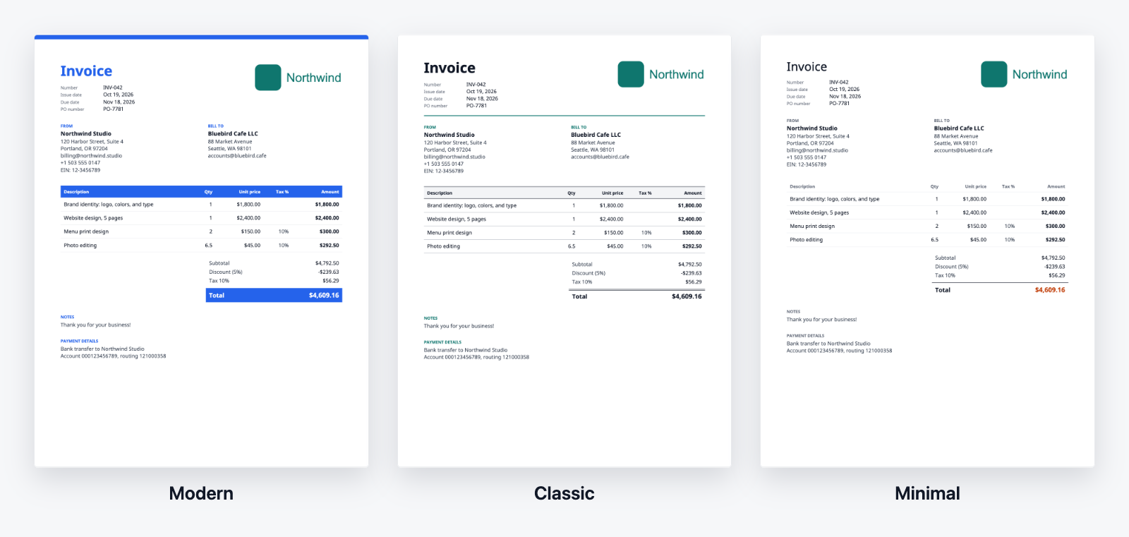The Modern, Classic, and Minimal templates