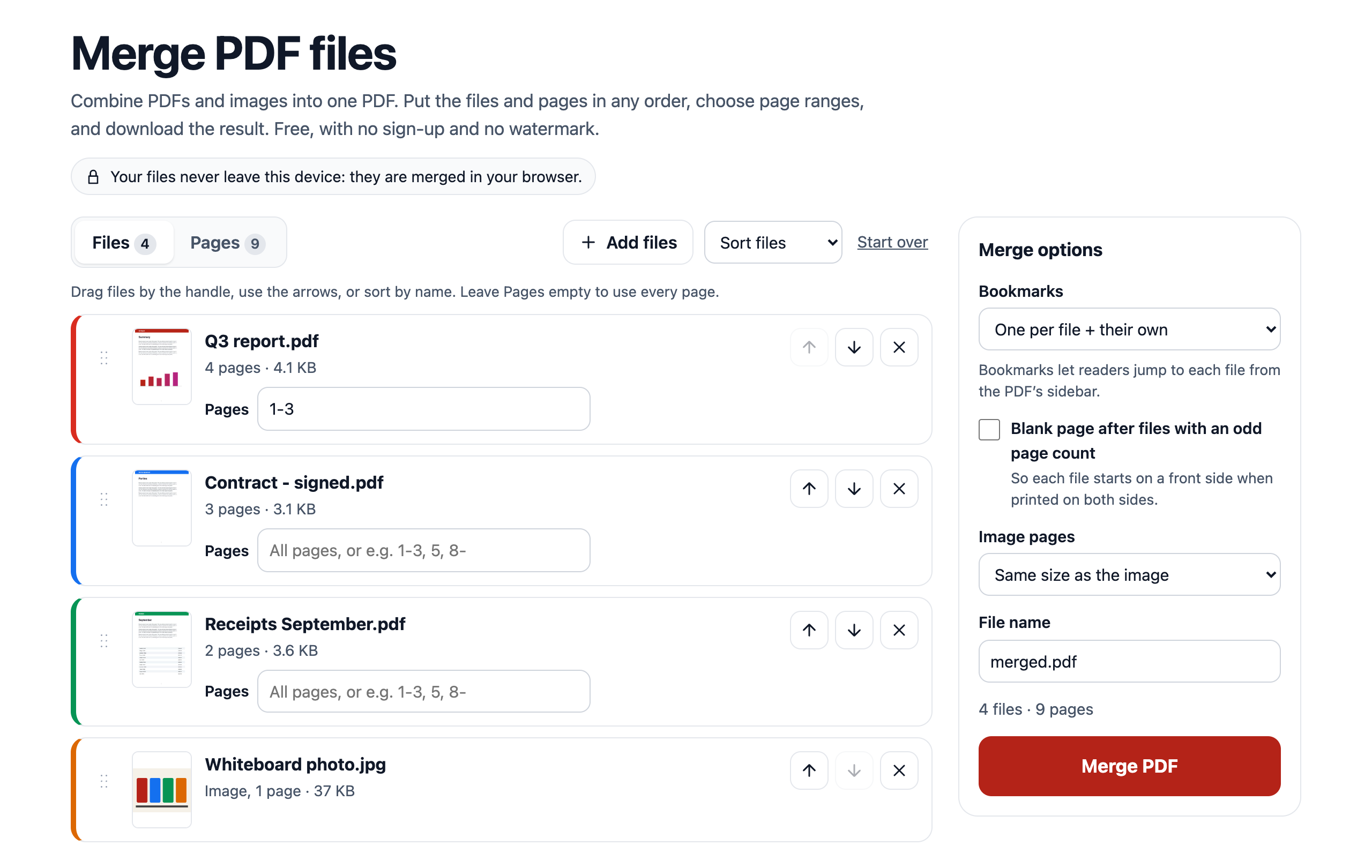 Files view: four files with page counts, a page range for the first file, and the merge options