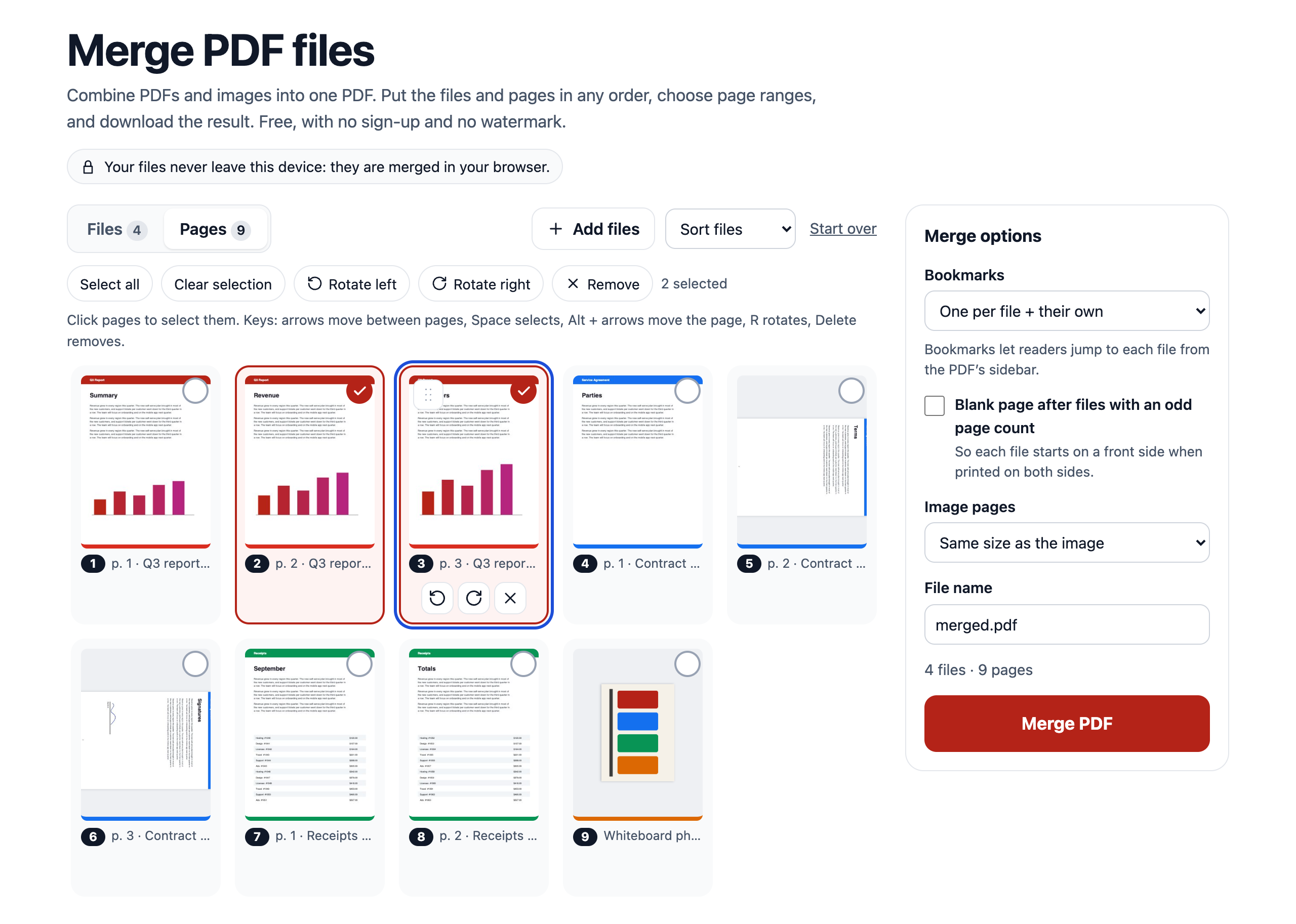 Pages view: thumbnails of every page, two selected and two turned, with the page toolbar
