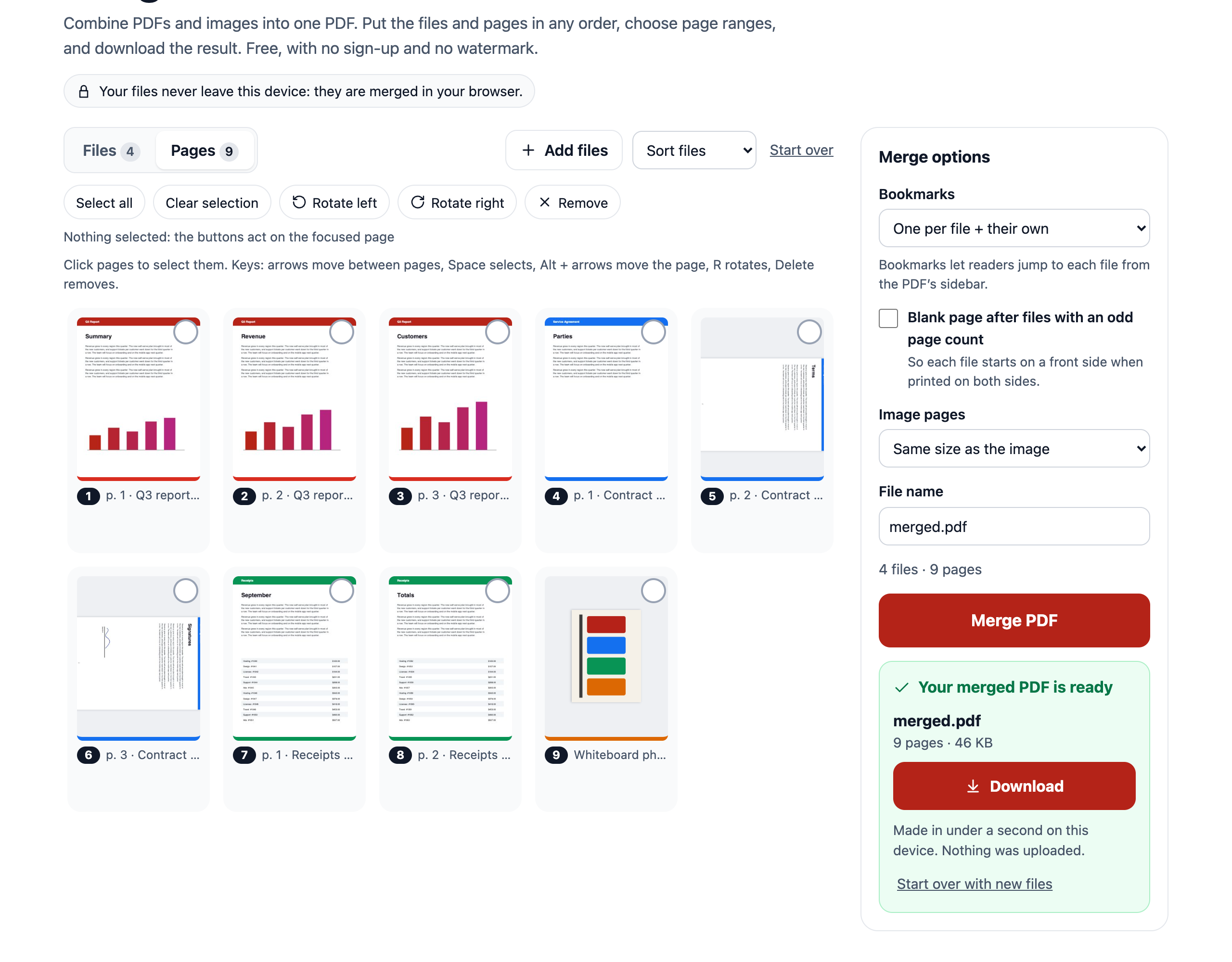 The merged PDF is ready, with its page count, size, and the Download button