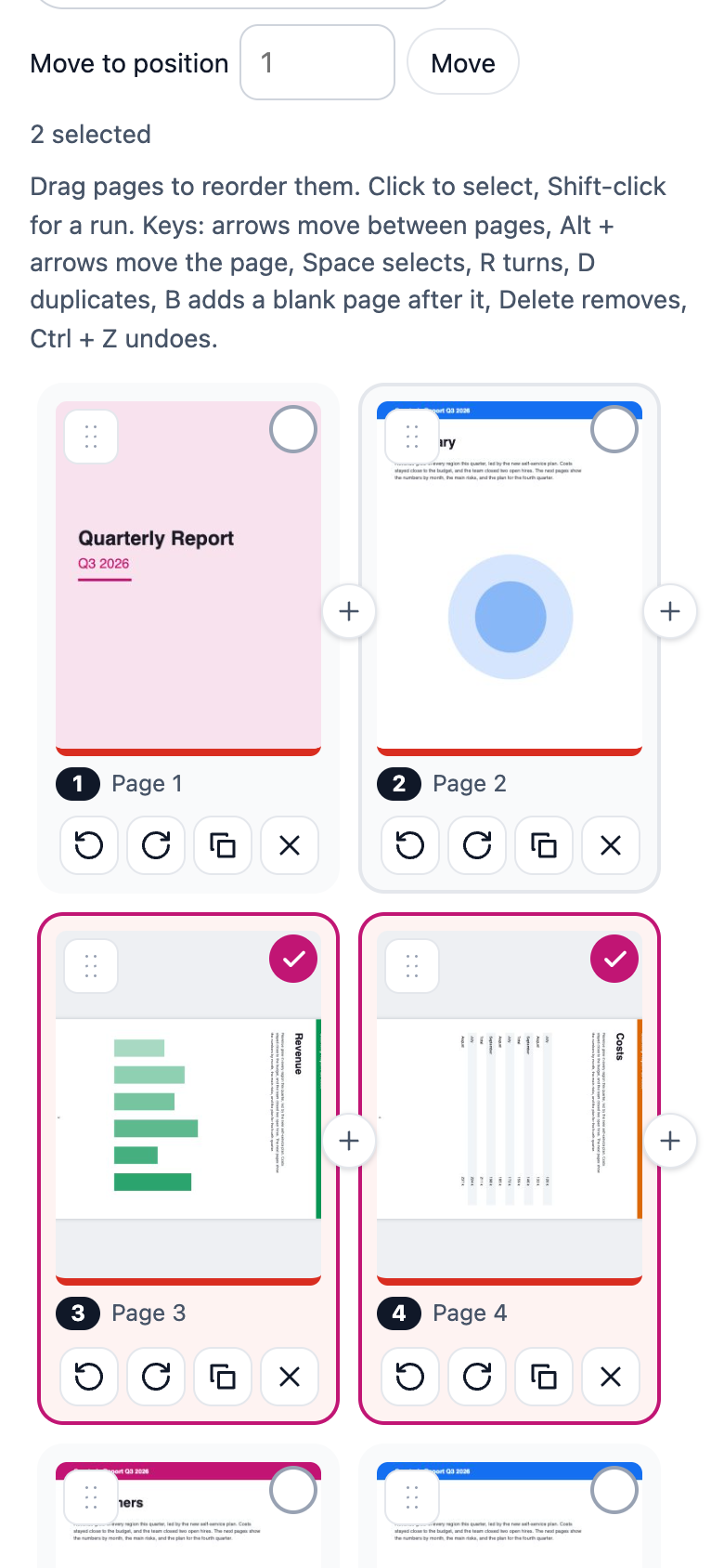 Organizing pages on a phone: two pages selected and turned