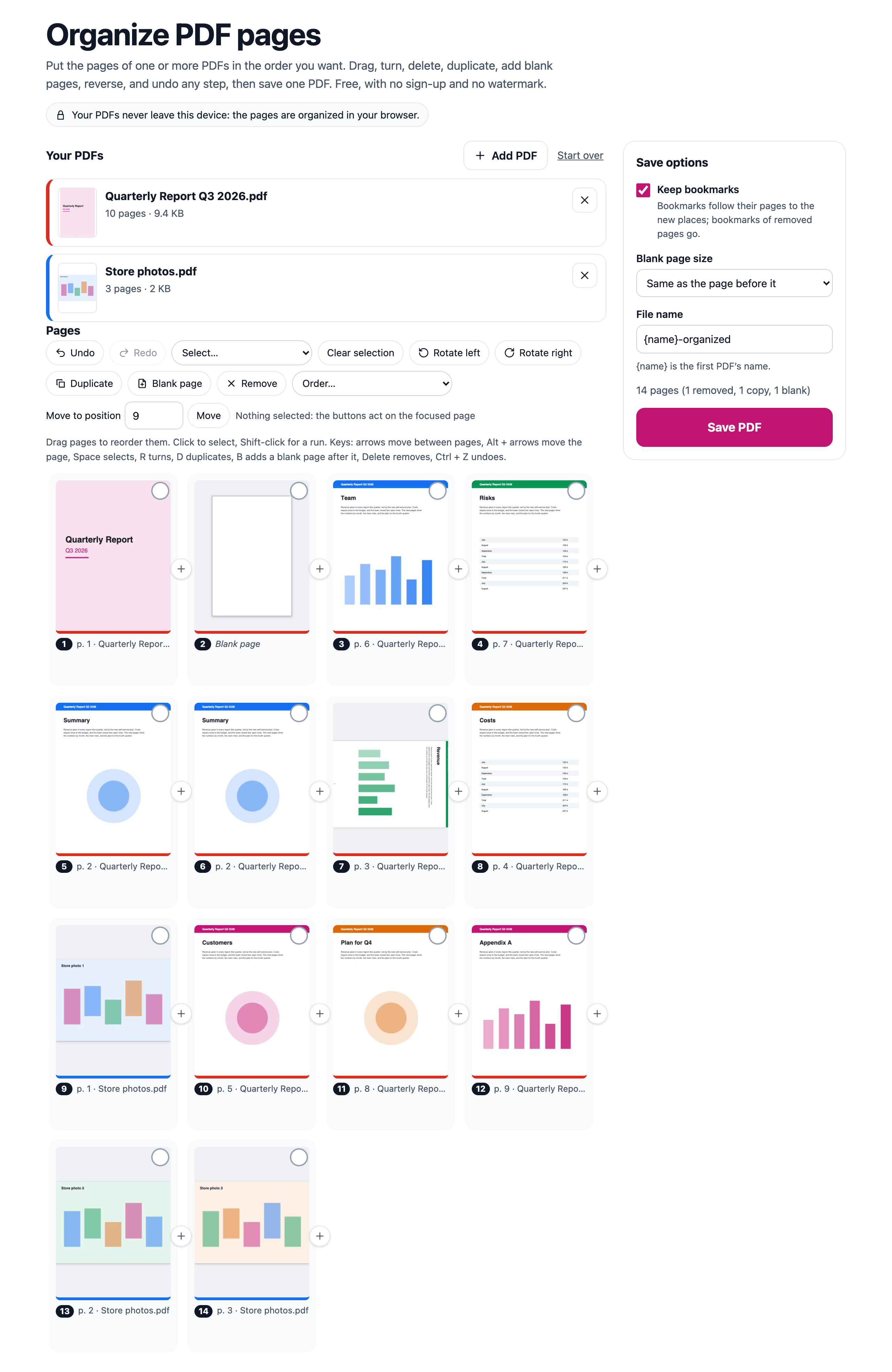 Pages of two PDFs in one order, each file in its own colour