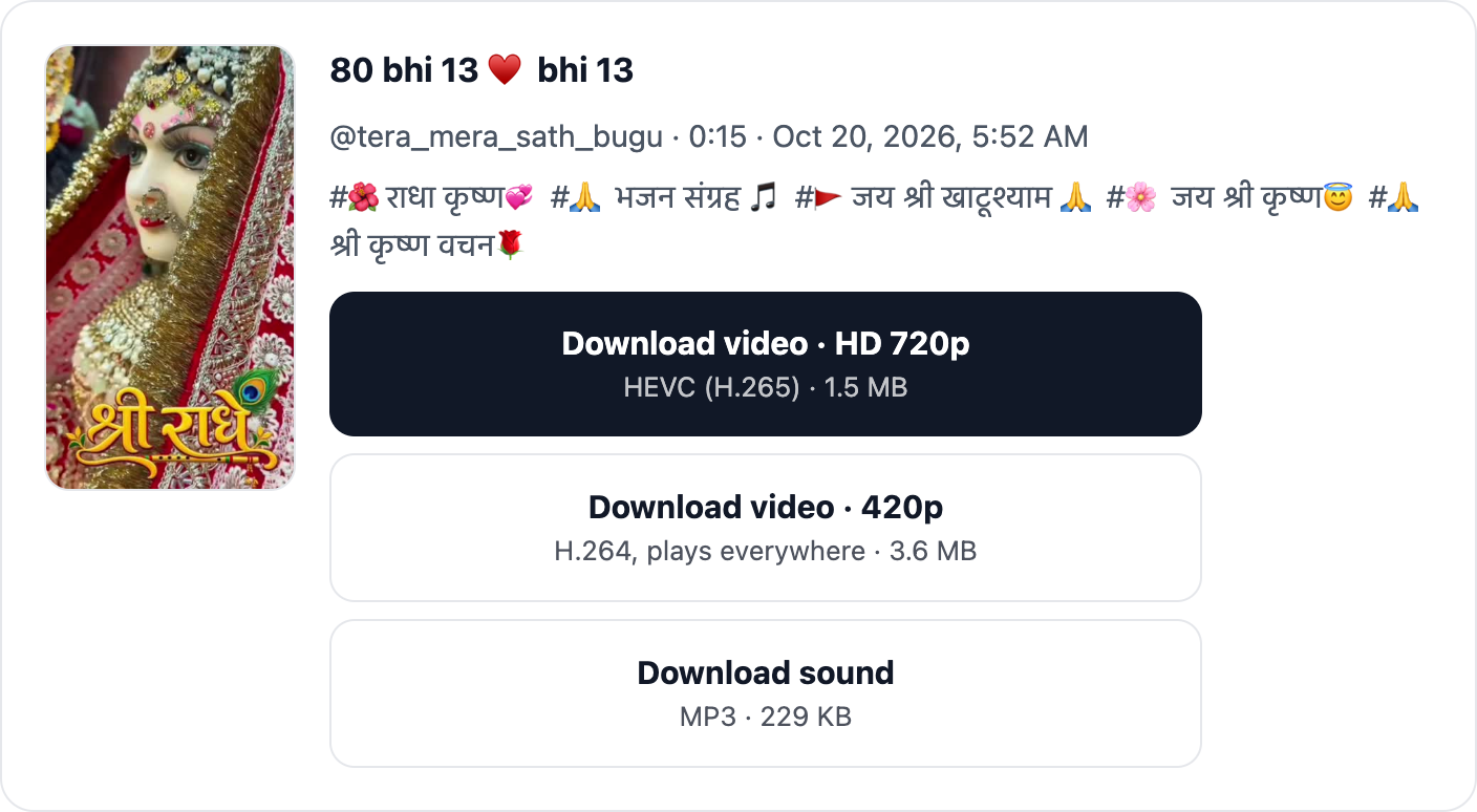 A ShareChat video post looked up: thumbnail, uploader, length, date, caption, and the HEVC, H.264, and MP3 download buttons with sizes