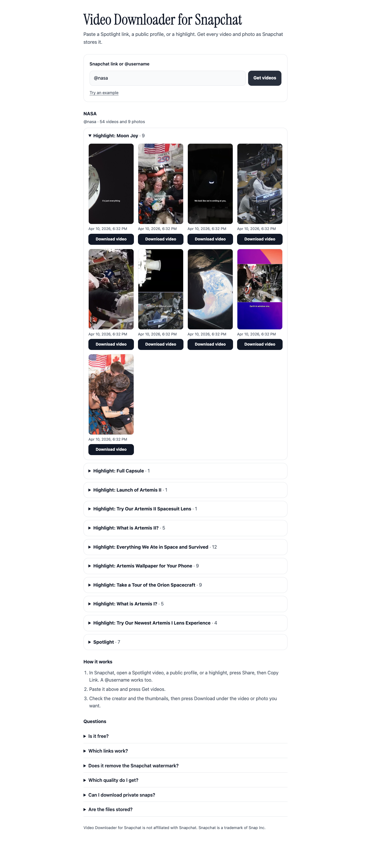 A public profile looked up on a desktop: highlights as sections with thumbnails and a download button under each snap