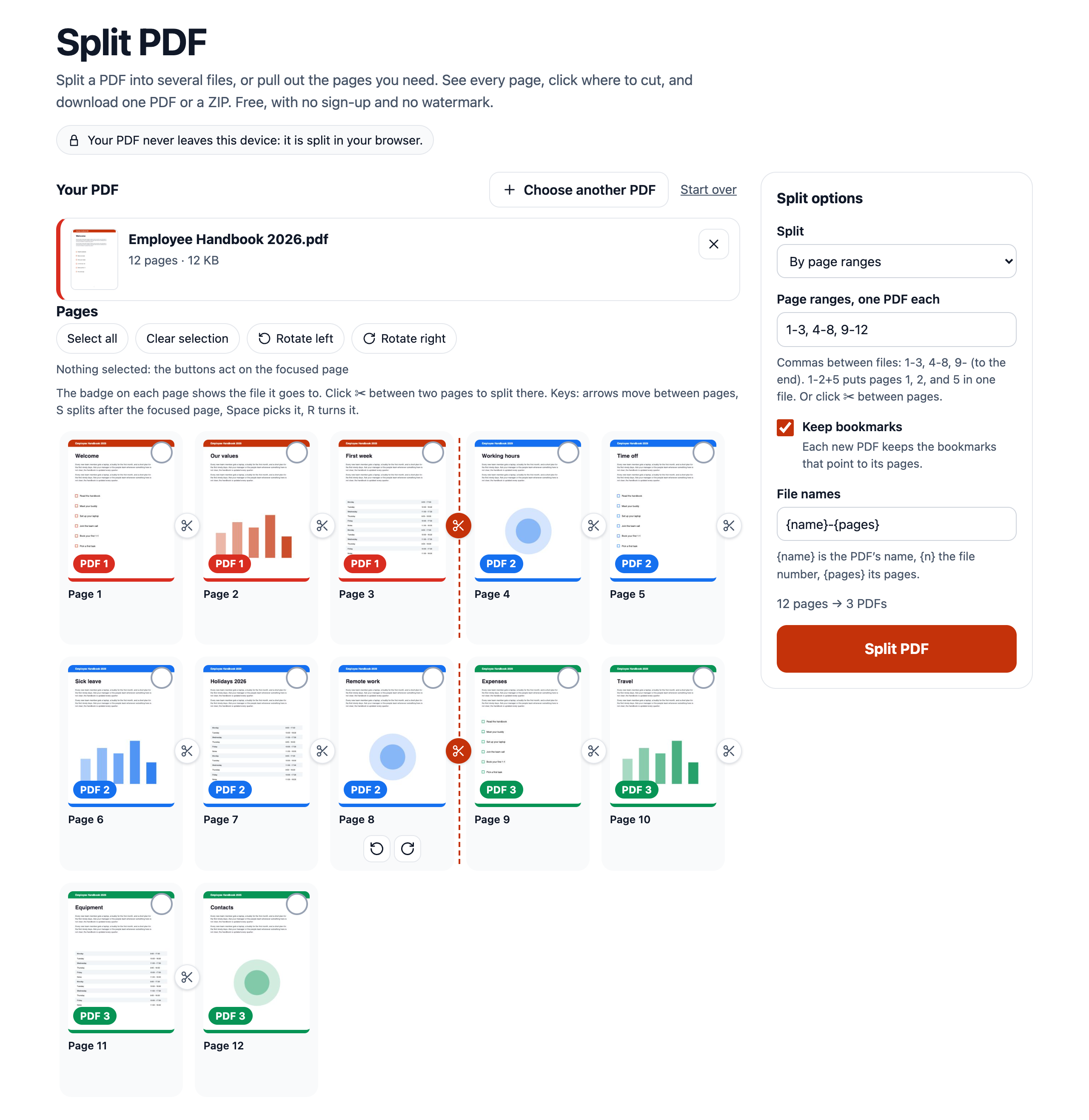 Page ranges 1-3, 4-8, 9-12: every page shows the PDF it goes to, with split points after pages 3 and 8