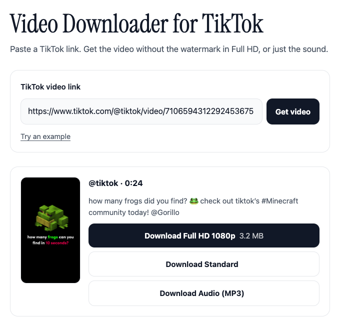 A TikTok video looked up: cover, author, caption, and the Full HD, Standard, and Audio buttons