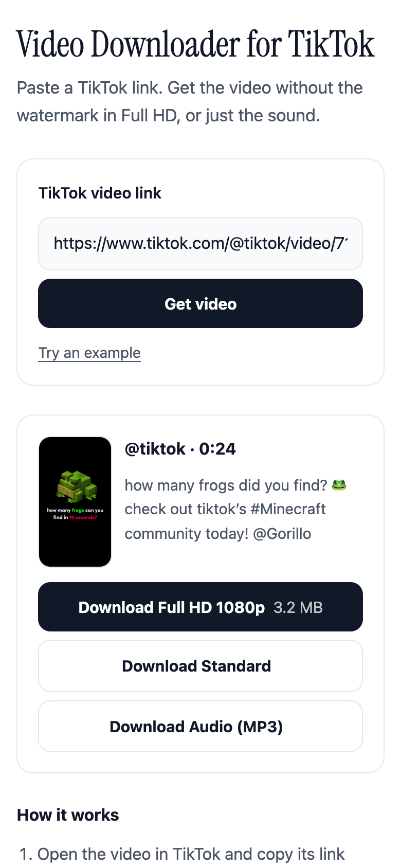 The page on a phone, with all three download buttons on the first screen