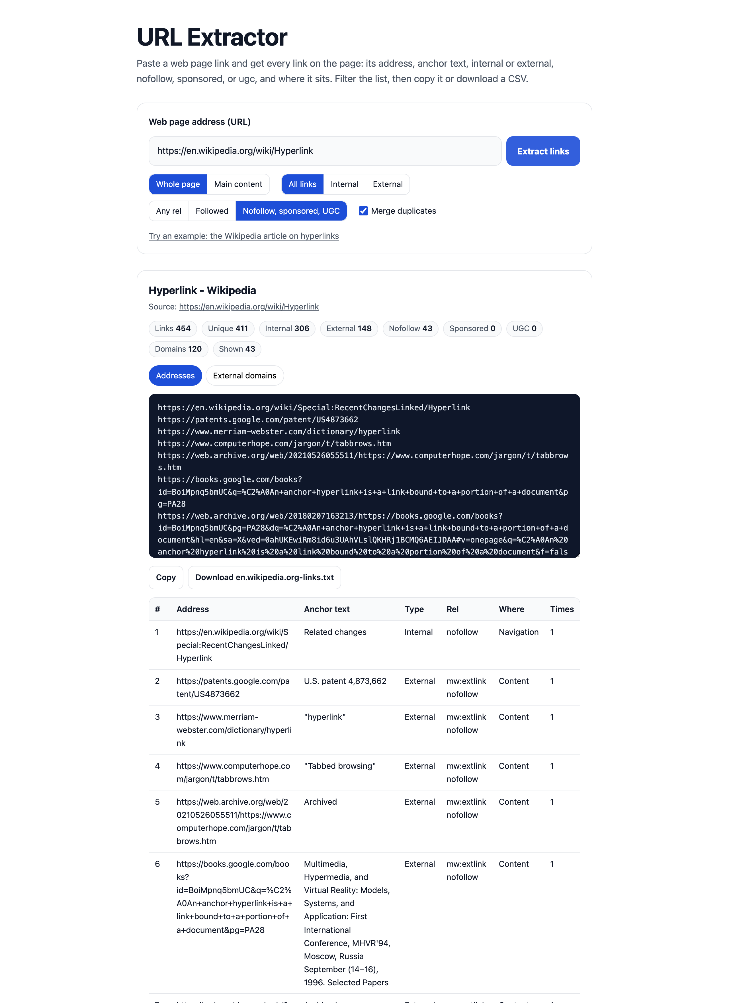 The URL Extractor page with its options and the result