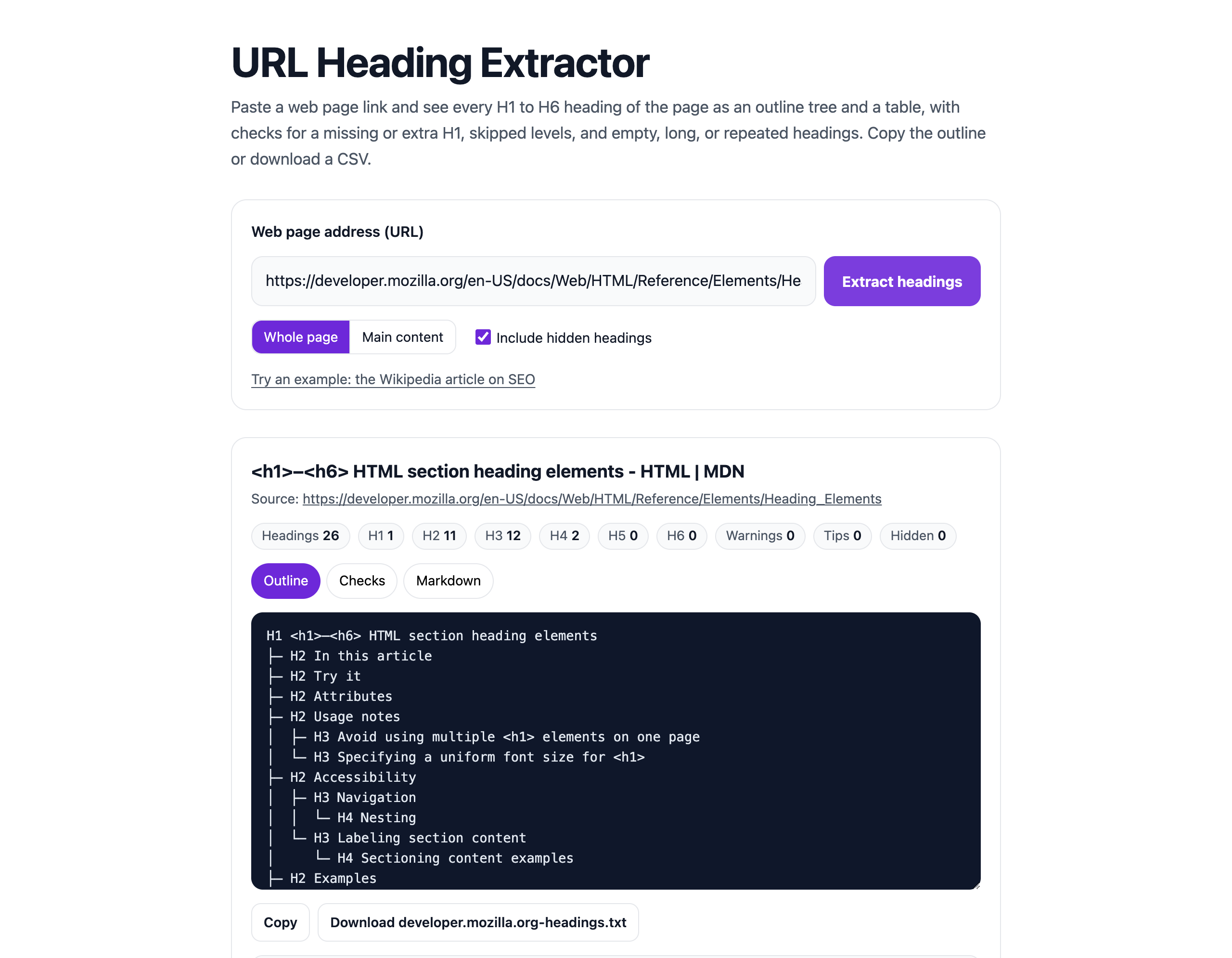 The URL Heading Extractor page with its options and the result