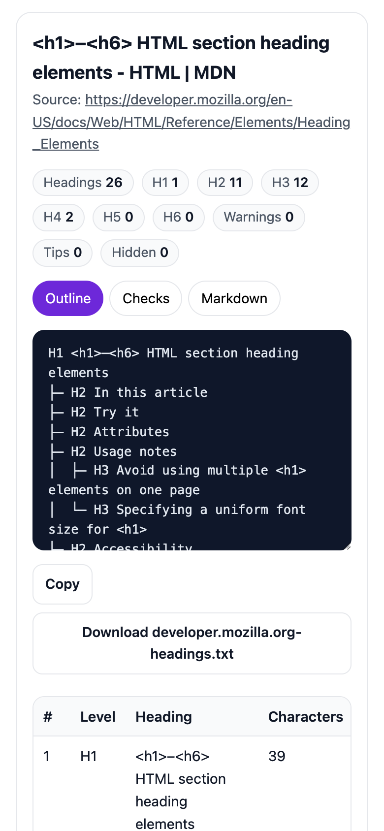 The URL Heading Extractor on a phone