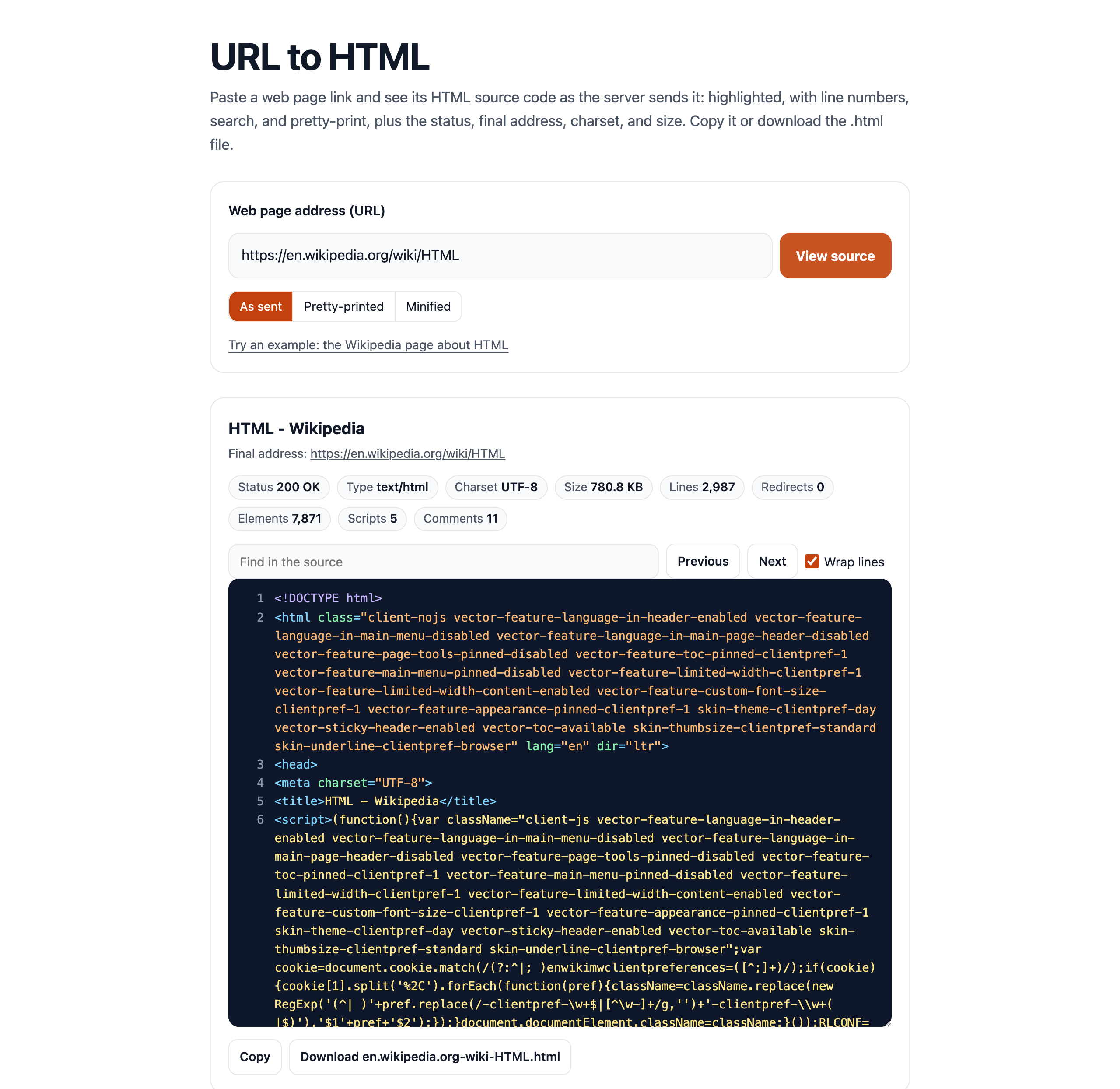 The URL to HTML page with its options and the result