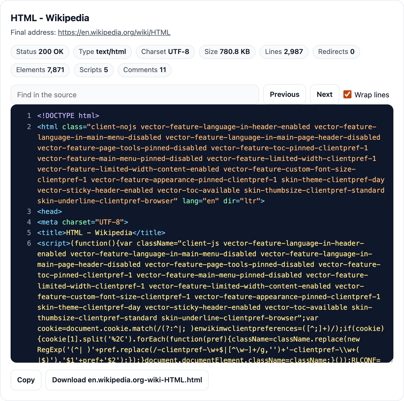 The highlighted HTML source of a Wikipedia page with line numbers, find, and the facts of the answer
