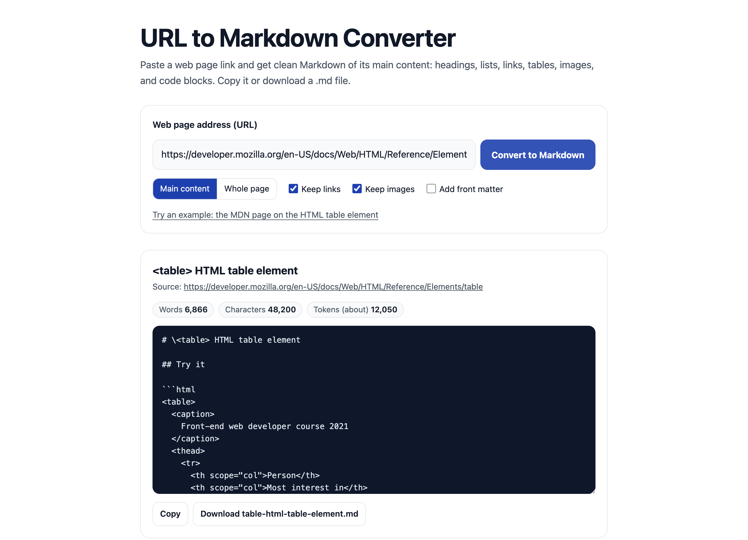 The converter page with its options and the result