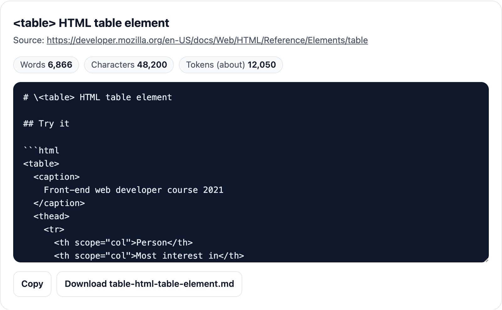 A web page converted to Markdown with its word, character, and token counts