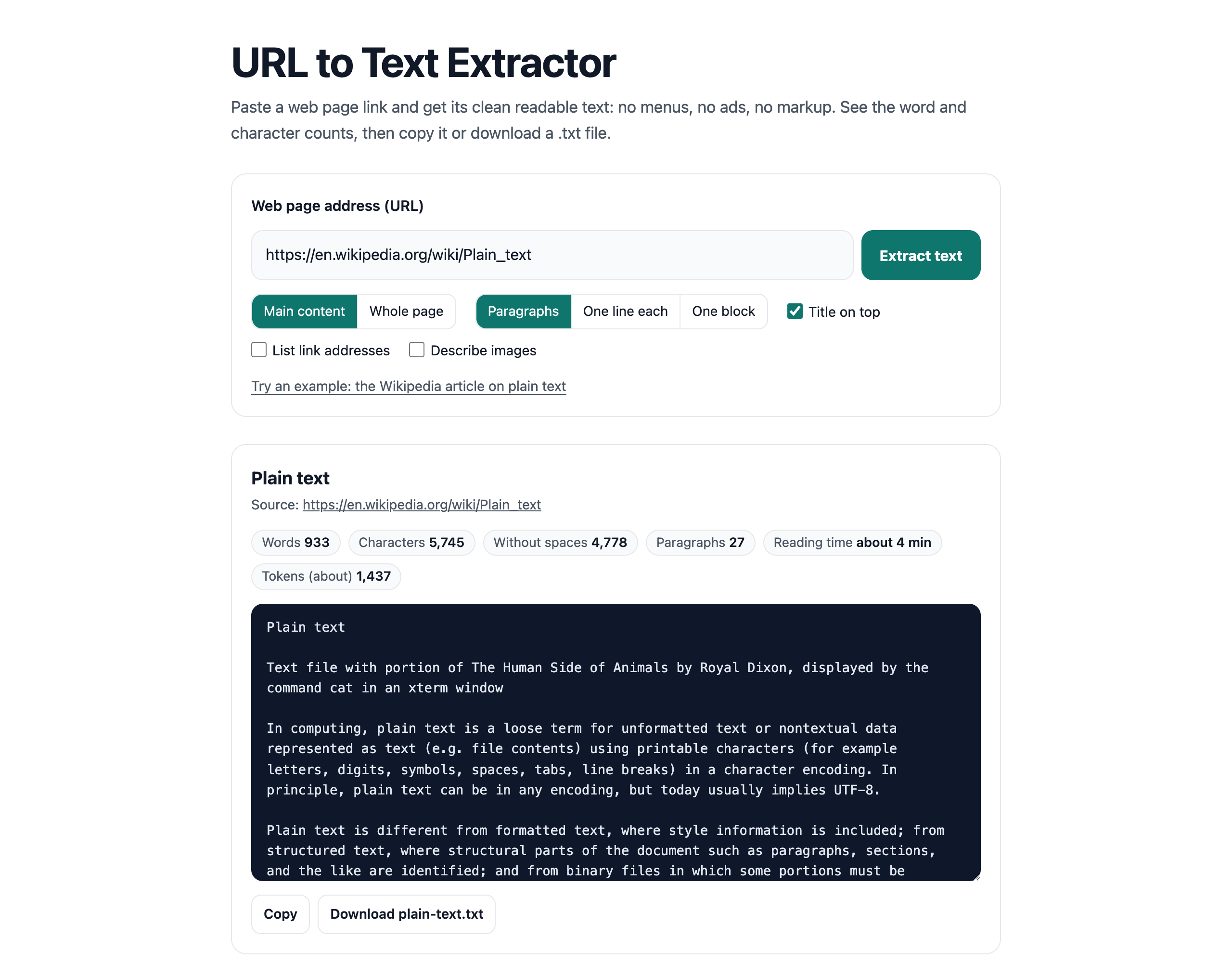 The extractor page with its options and the result