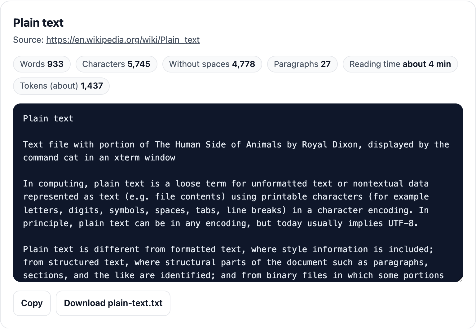 A Wikipedia article extracted as plain text with its word, character, paragraph, reading-time, and token counts